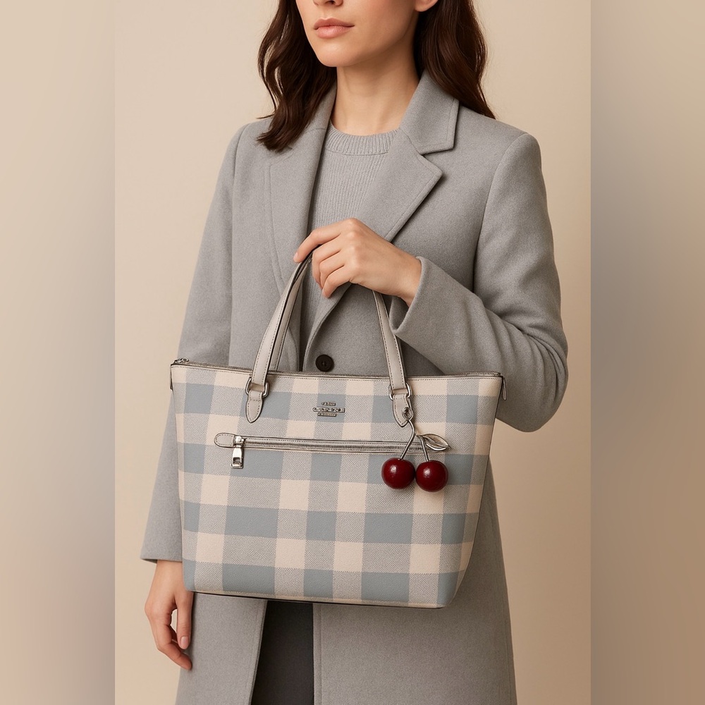 Coach Gallery Tote Bag With gray plaid and cherry charm